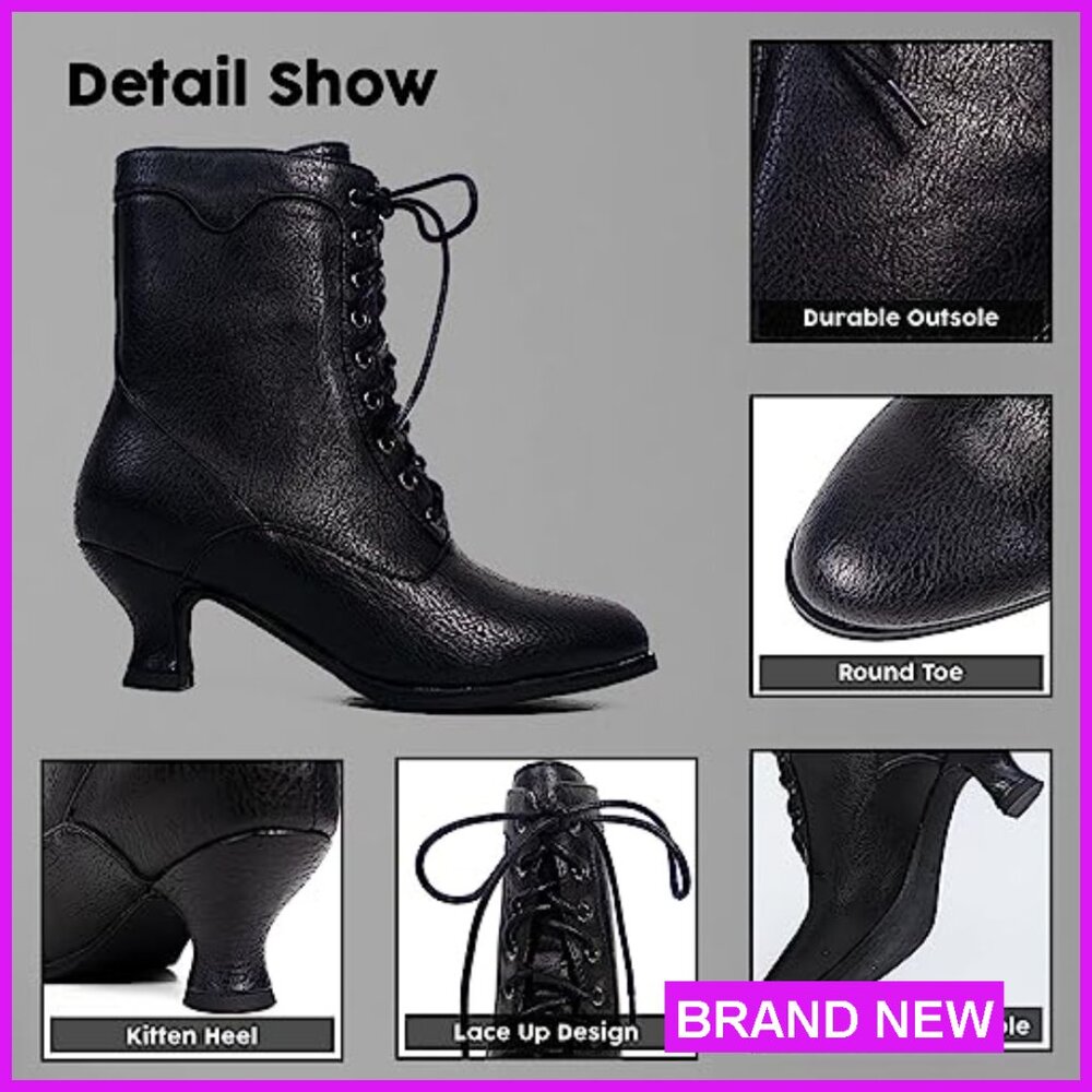 Victorian Ankle Boots Mid Calf Round Toe Chunky Heel Lace Up Detail - Picture 6 of 7